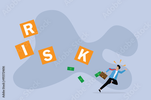 Businessman investor run away from risk collapsing box, uncertainty