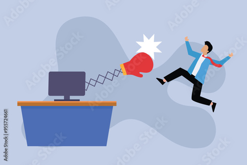 Businessman being punched by boxing gloves from computer laptop