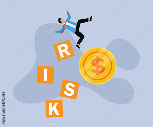 Failed risk management - businessman investor falling from stack block with word RISK impact by a dollar coin