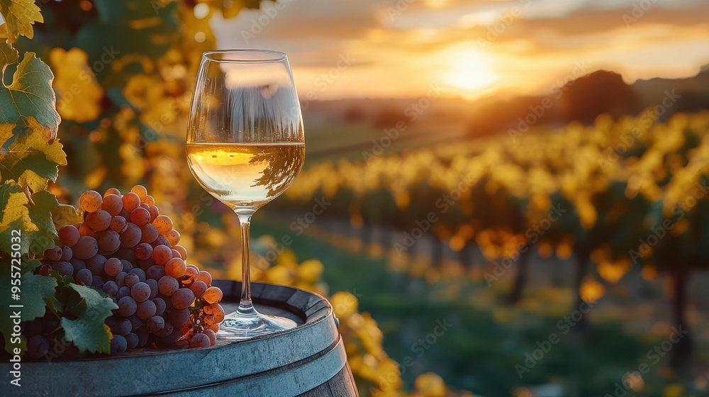 sundrenched vineyard at golden hour glass of chilled white wine perched on rustic barrel lush grapevines stretch into distance warm inviting atmosphere with rich golden tones
