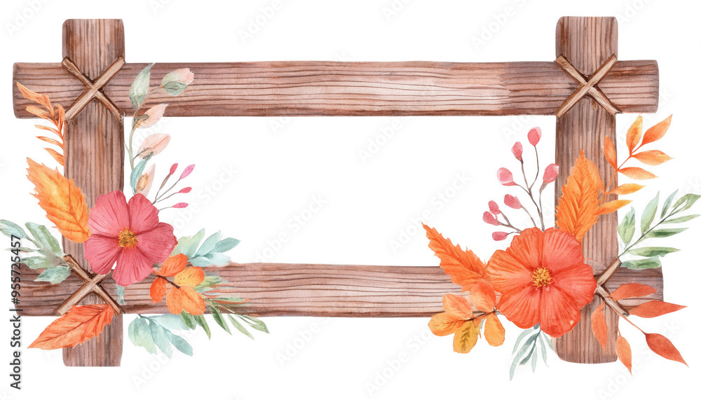 Obraz premium Wooden frame with autumn flowers, isolated on transparent background
