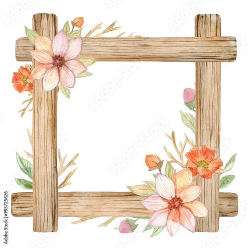 Wooden frame with autumn flowers, isolated on transparent background