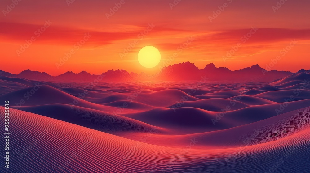 surreal desert sunset with exaggerated orange and red hues featuring abstract dune shapes and a distorted sun surreal desert sunset with exaggerated orange and red hues featuring abstract dune shapes and a distorted sun