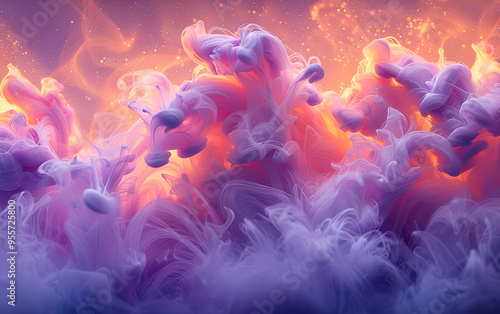  A vibrant purple and orange liquid gracefully flows through the air, creating a mesmerizing visual display.
