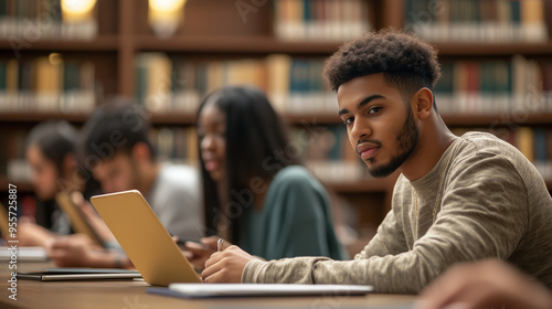 Multicultural students studying in a library, exchanging ideas and notes while preparing for their upcoming exams, with a backdrop of bookshelves and academic resources. photo