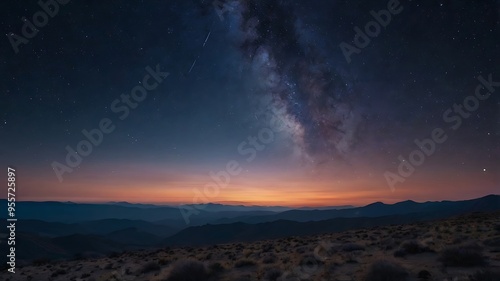 Starry night beautiful landscape, indigo night colored sky with clouds, mountains visible in horizon