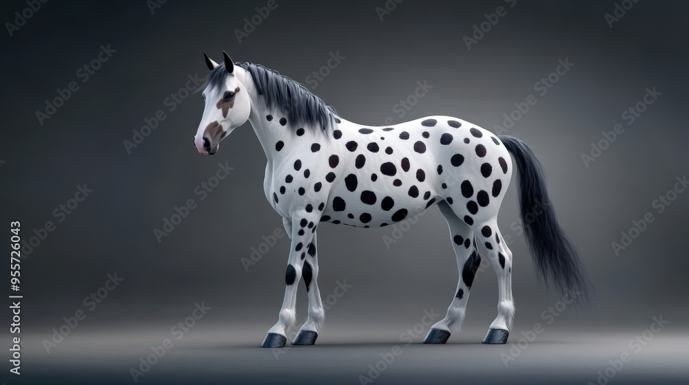 A striking spotted horse with a unique coat pattern, showcasing beauty and elegance in a captivating pose. A striking spotted horse with a unique coat pattern, showcasing beauty and elegance in a captivating pose.