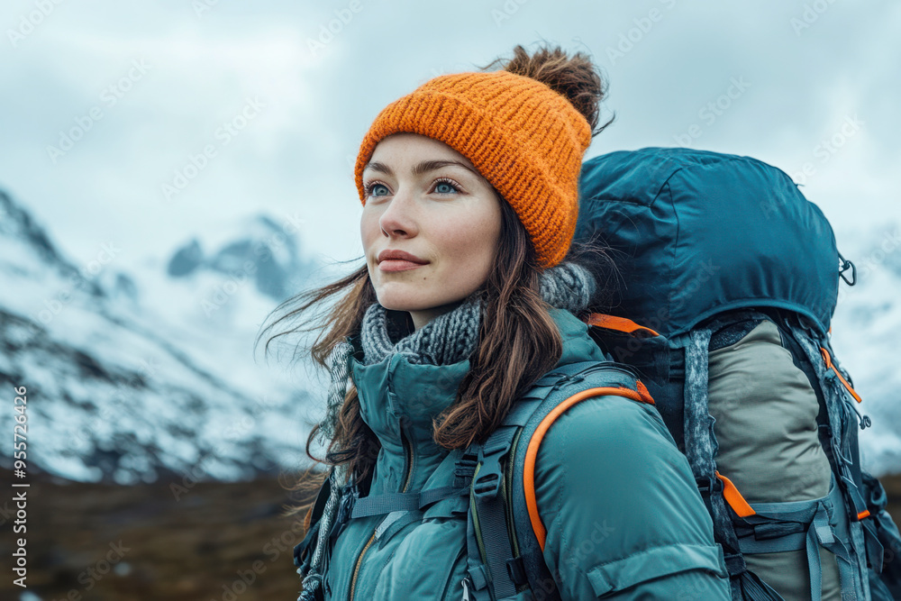 Female hiker in winter gear with a backpack and orange beanie exploring snowy mountains, embracing adventure and nature Female hiker in winter gear with a backpack and orange beanie exploring snowy mountains, embracing adventure and nature