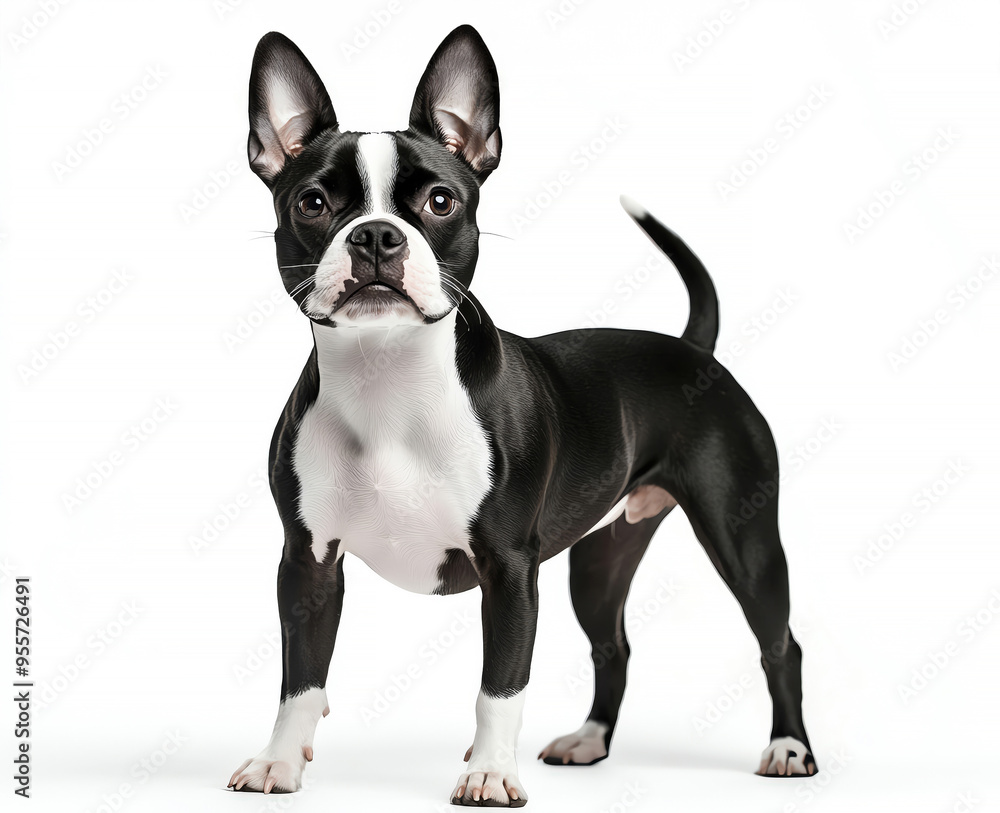 A playful Boston Terrier standing confidently on white background, showcasing its friendly demeanor and unique markings. A playful Boston Terrier standing confidently on white background, showcasing its friendly demeanor and unique markings.