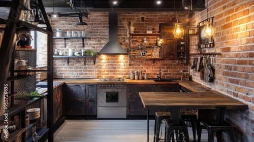 Kitchen interior with a mix of modern and rustic elements, including exposed brick walls and industrial light fixtures.