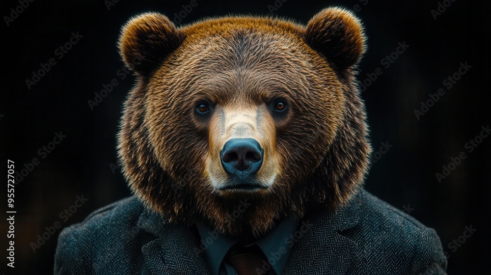 Obraz premium surreal portrait of a bear in a business suit with an intense stare set against a dark background blending animal and human elements in a thoughtprovoking conceptual piece