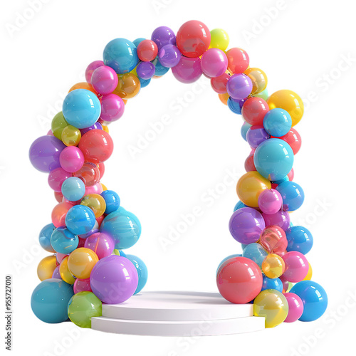 White Podium with Balloon Arch on Transparent Background