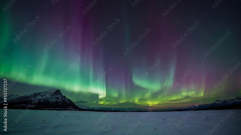 Northern borealis dark night panoramic view, purple and green arctic natural lights in clean sky