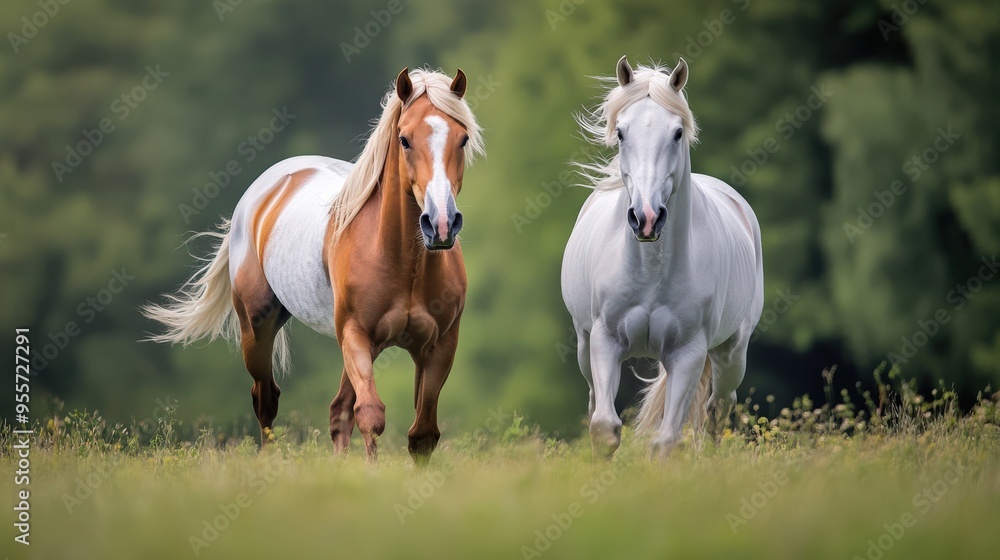 Two beautiful horses run joyfully through a lush green field, capturing a moment of freedom and grace in nature. Two beautiful horses run joyfully through a lush green field, capturing a moment of freedom and grace in nature.