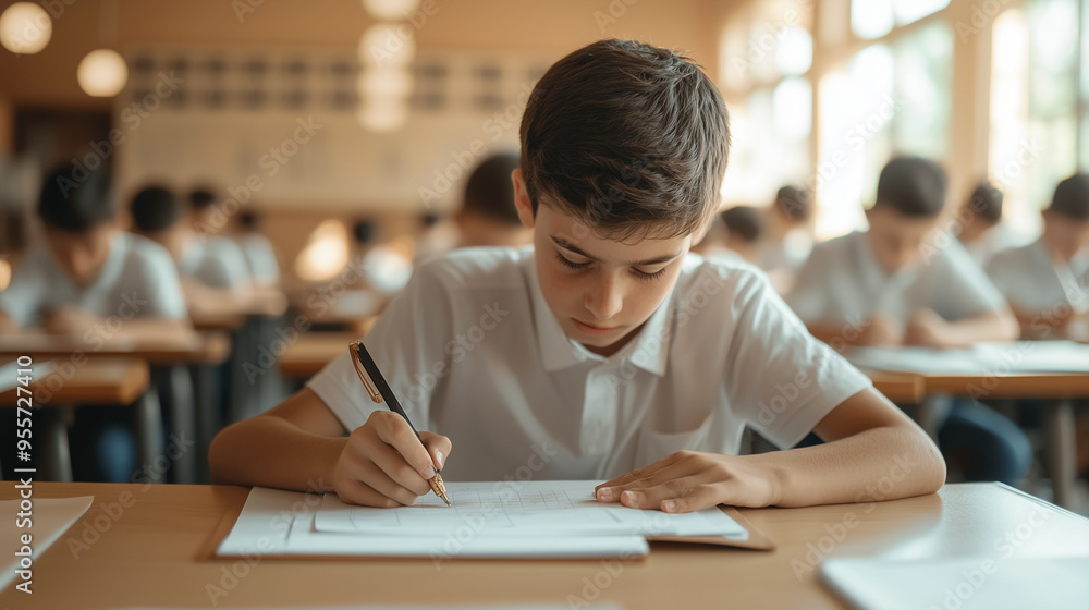 Cheerful schoolboy diligently working on his exam paper in a well-lit classroom, reflecting enthusiasm and confidence during the test-taking process. photo