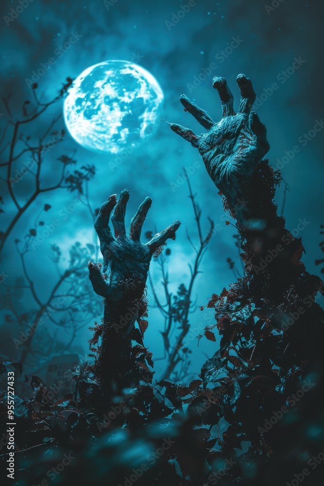 A pair of hands are reaching up towards a full moon in the sky A pair of hands are reaching up towards a full moon in the sky