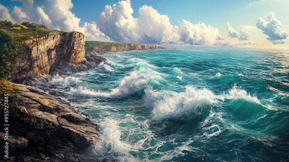 Swirling ocean water crashing against a rugged stone seashore, set against a realistic backdrop of cliffs and a serene horizon Swirling ocean water crashing against a rugged stone seashore, set against a realistic backdrop of cliffs and a serene horizon