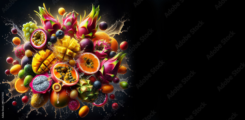 Dynamic explosion of vibrant fruit against a dark background. Dynamic explosion of vibrant fruit against a dark background.