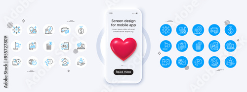 Phone mockup with 3d heart icon. Power, Charging station and Pin line icons. Pack of Chemistry lab, Milestone, Building energy icon. Buy car, Bike app, Charging time pictogram. Vector