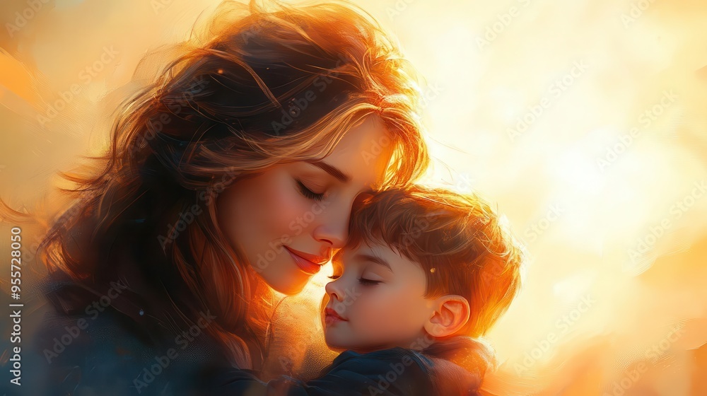 Fototapeta premium tender illustration of a mother embracing her young son rendered in soft warm colors with gentle brushstrokes conveying love protection and emotional connection
