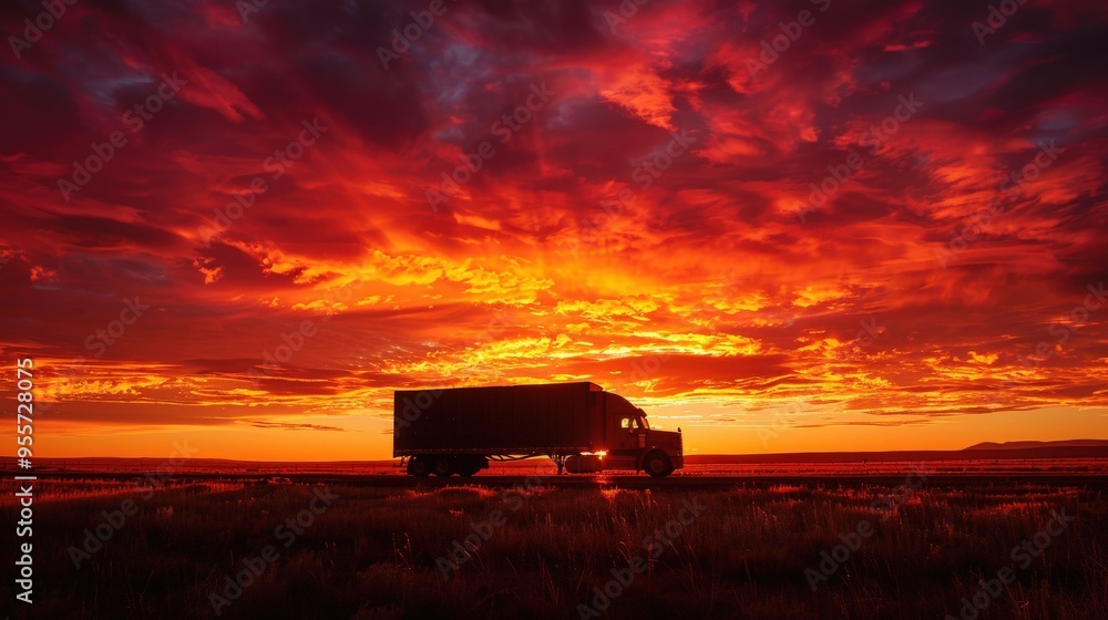 Fototapeta premium Dramatic sunset sky with the silhouette of a truck, symbolizing the journey and transportation essence..