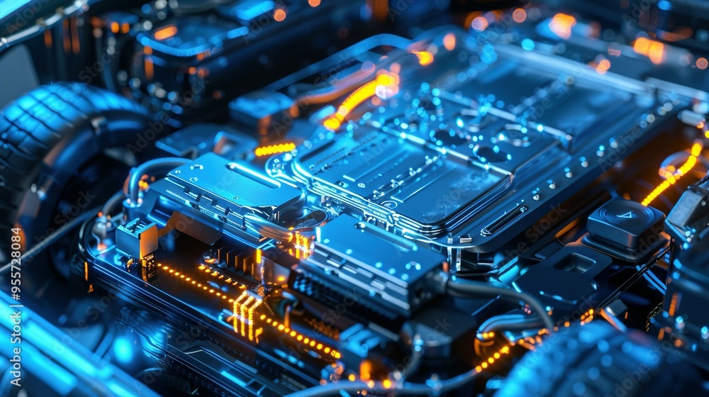 Close-up of a Futuristic Vehicle's Engine Bay with Glowing Wires Close-up of a Futuristic Vehicle's Engine Bay with Glowing Wires