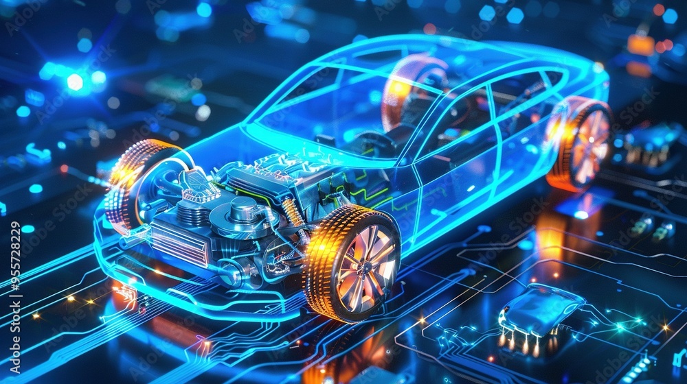 Transparent Blue Car on a Circuit Board Transparent Blue Car on a Circuit Board
