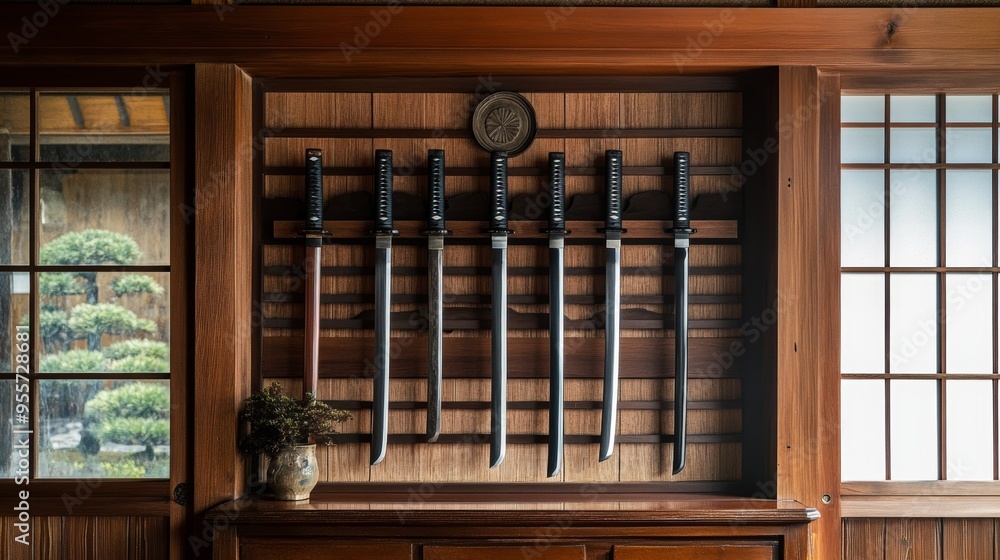 Naklejka premium Silent Guardians: A collection of katanas rests in a traditional Japanese home, their polished blades reflecting the serene garden beyond. 