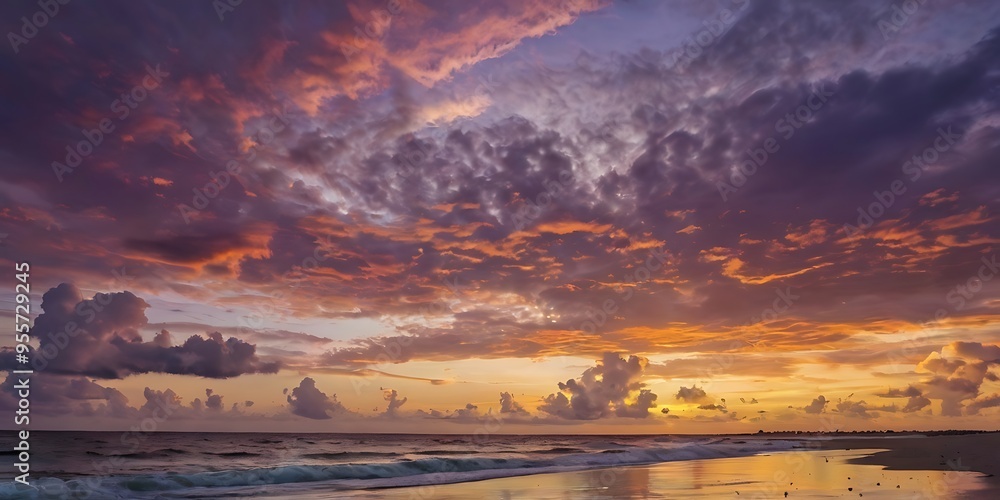 Obraz premium Beautiful landscape view of seaside in the evening, sun going down and waves hitting shores
