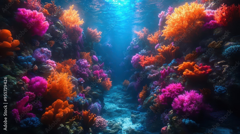 underwater bioluminescent coral reef teeming with exotic sea life vibrant colors otherworldly creatures and ethereal blue depths create a mesmerizing alien landscape