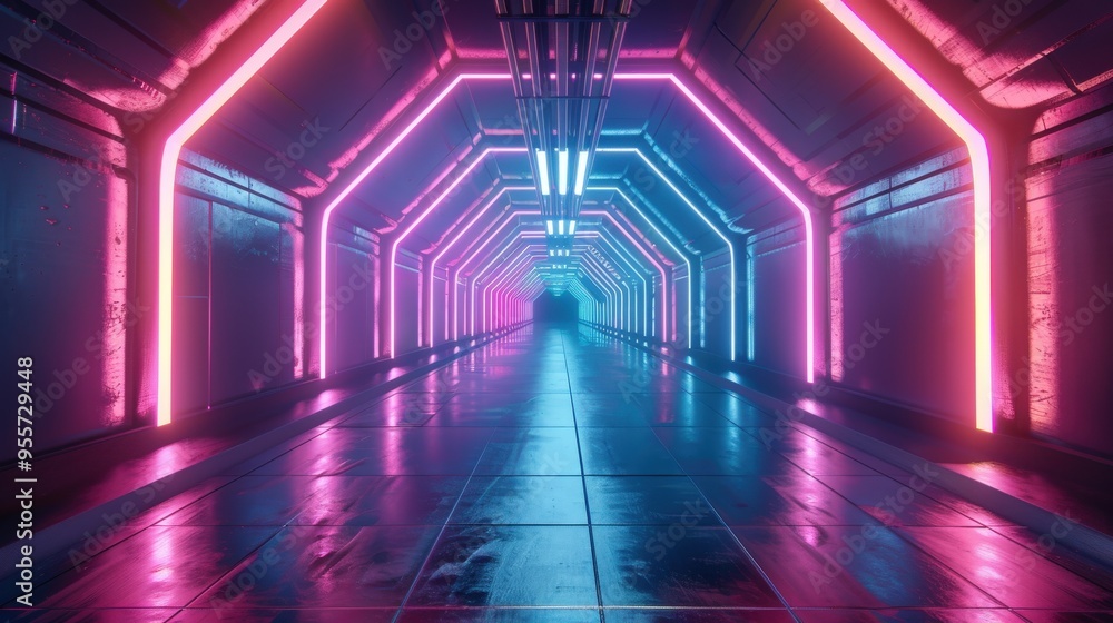 Futuristic tunnel illuminated with vibrant neon lights and geometric patterns, offering a mesmerizing and colorful sci-fi ambiance.. Futuristic tunnel illuminated with vibrant neon lights and geometric patterns, offering a mesmerizing and colorful sci-fi ambiance..