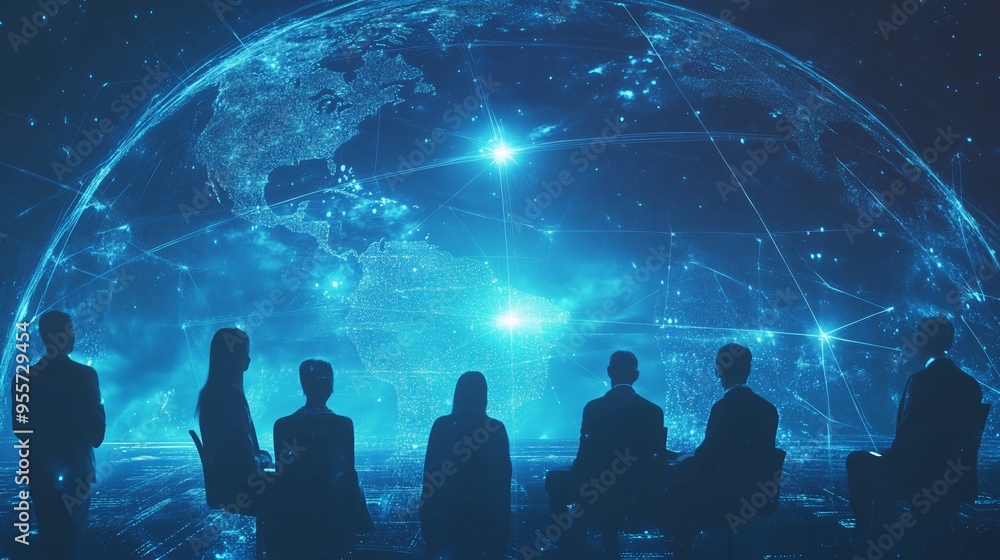 Group of professionals observing a digital world map during a virtual meeting about global connectivity and technology advancements Group of professionals observing a digital world map during a virtual meeting about global connectivity and technology advancements