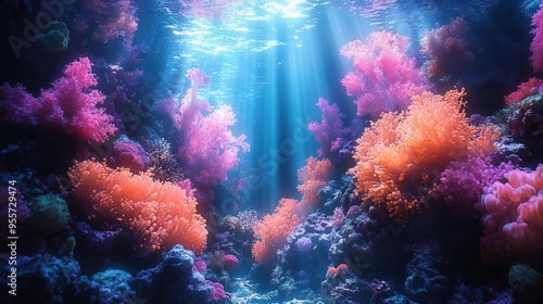 underwater bioluminescent coral reef teeming with exotic sea life vibrant colors otherworldly creatures and ethereal blue depths create a mesmerizing alien landscape