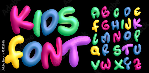 Playful kids 3D alphabet, colorful Bubble letters, Inflated Cartoon Joyful Balloon typography for kids logos, vibrant funky style, birthday party typeface. Three-dimensional chewing gum Vector typeset