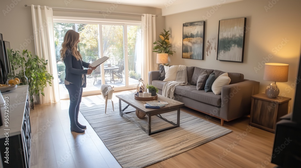 Fototapeta premium A woman in a blue outfit reviews her notes while standing in a well-lit living room with a cozy atmosphere during the day