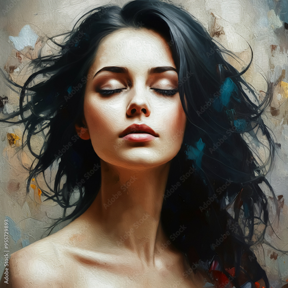 Conceptual abstract art depicting a beautiful woman with her eyes closed, rendered in oil paint. Conceptual abstract art depicting a beautiful woman with her eyes closed, rendered in oil paint.