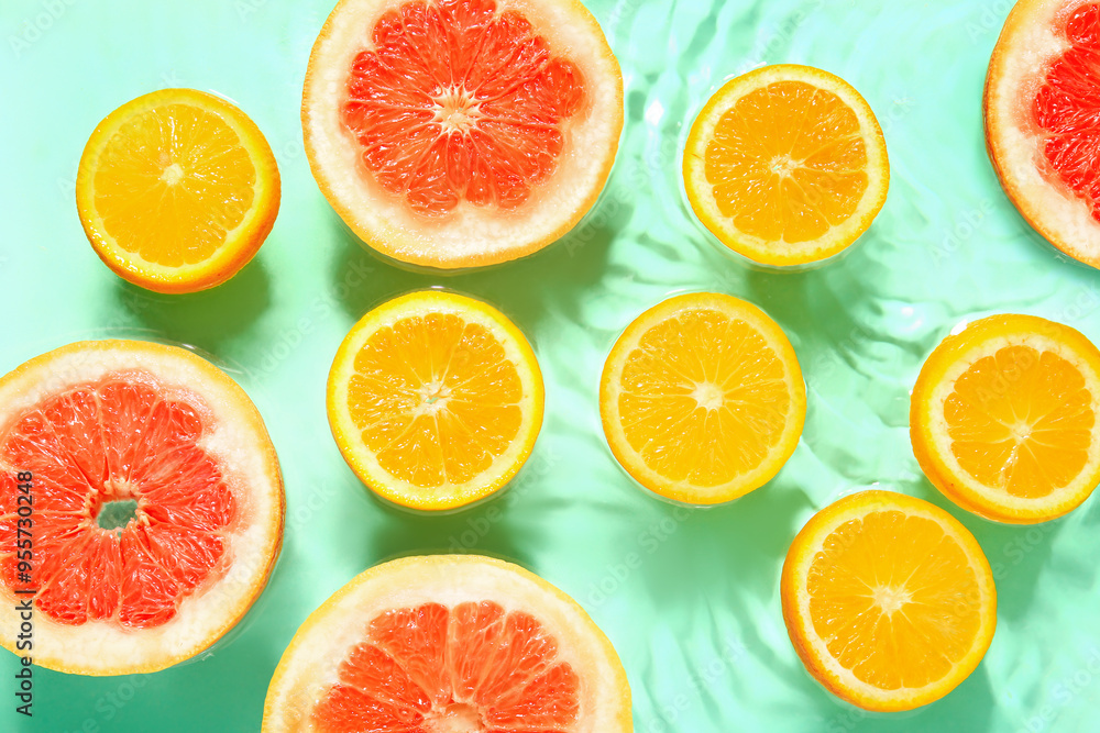 Slices of fresh orange and grapefruit in water on turquoise background Slices of fresh orange and grapefruit in water on turquoise background