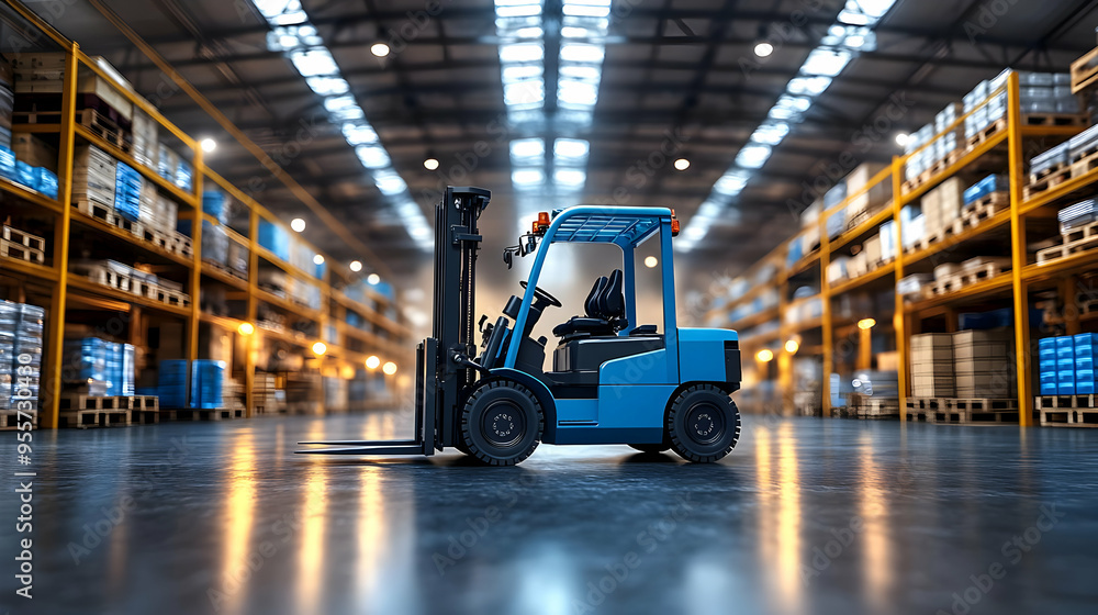 A blue forklift in a warehouse, designed for material handling. A blue forklift in a warehouse, designed for material handling.