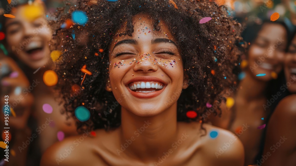 vibrant celebration scene with diverse group of people laughing and smiling surrounded by colorful confetti and festive decorations vibrant celebration scene with diverse group of people laughing and smiling surrounded by colorful confetti and festive decorations