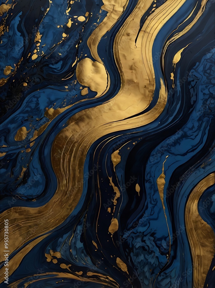 Golden and navy blue waves of liquid color abstract background, swirl illustrated wallpaper