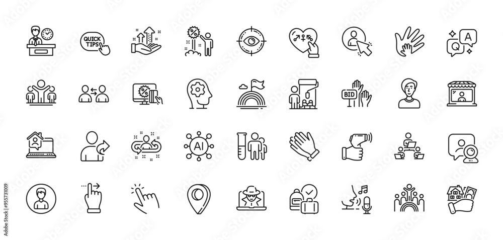 Microphone, Recruitment and Refer friend line icons pack. AI, Question and Answer, Map pin icons. Clapping hands, Video conference, Painter web icon. Communication, Eye target, Fraud pictogram. Vector Microphone, Recruitment and Refer friend line icons pack. AI, Question and Answer, Map pin icons. Clapping hands, Video conference, Painter web icon. Communication, Eye target, Fraud pictogram. Vector