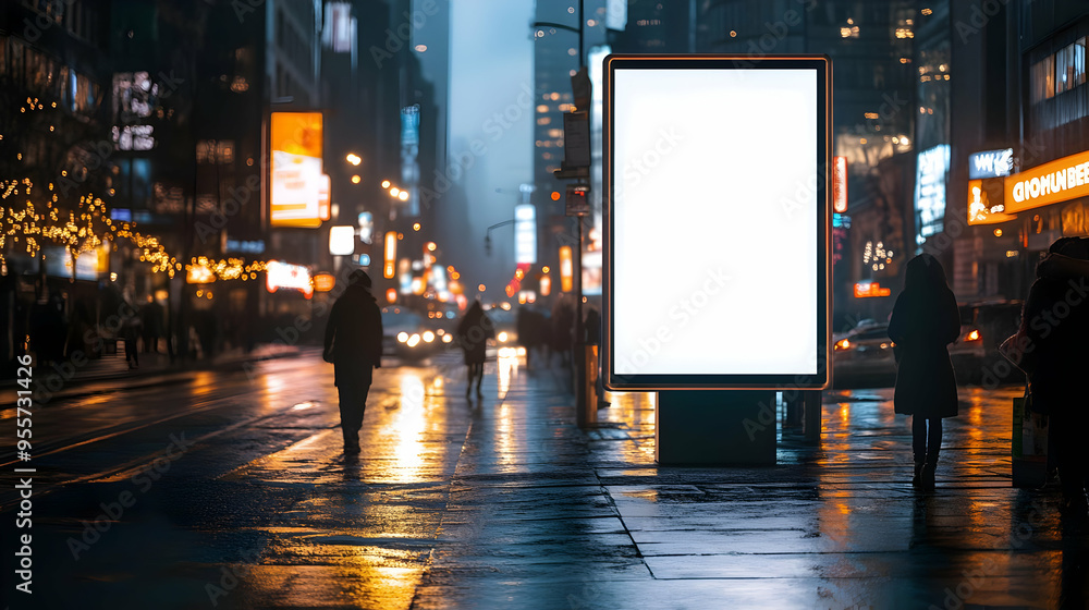 A city street at night with a blank advertisement space. A city street at night with a blank advertisement space.