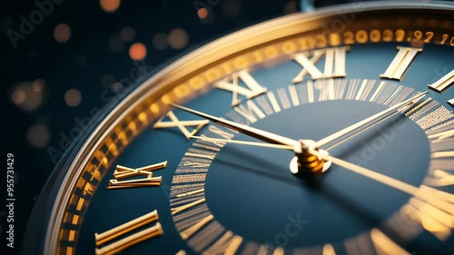 Closeup of elegant gold clock face nearing midnight, New Year's Eve concept. Luxury timepiece with Roman numerals against dark background with bokeh lights