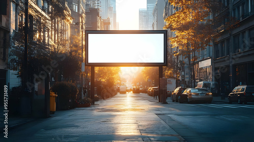 A city street at sunset with a blank billboard in view.