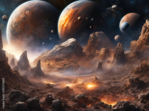 collision of planets, an unthinkable vision of a planetary catastrophe, alien planets in an intriguing and brutal vision photo