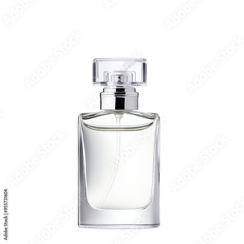 A glass bottle of perfume with a silver cap and sprayer. The bottle is clear and empty.