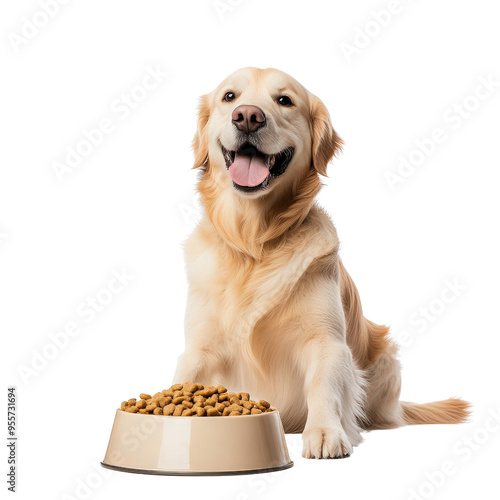 A happy golden retriever dog sits in front of a bowl of dog food. photo