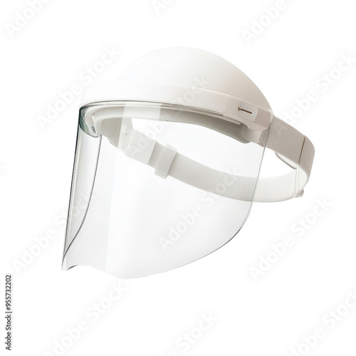 A white plastic face shield with a clear visor. The shield is designed to protect the wearer's face from splashes and airborne particles. photo