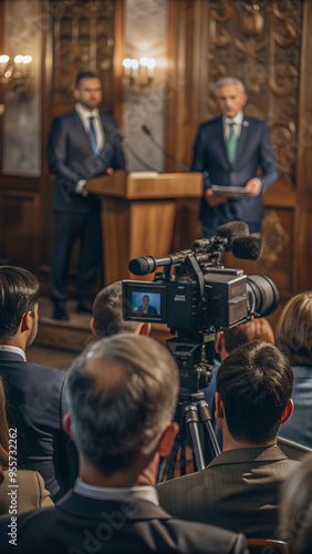 A press conference with government officials addressing the latest security threat. A cameraman is filming a crowd with a video camera at an event in a room