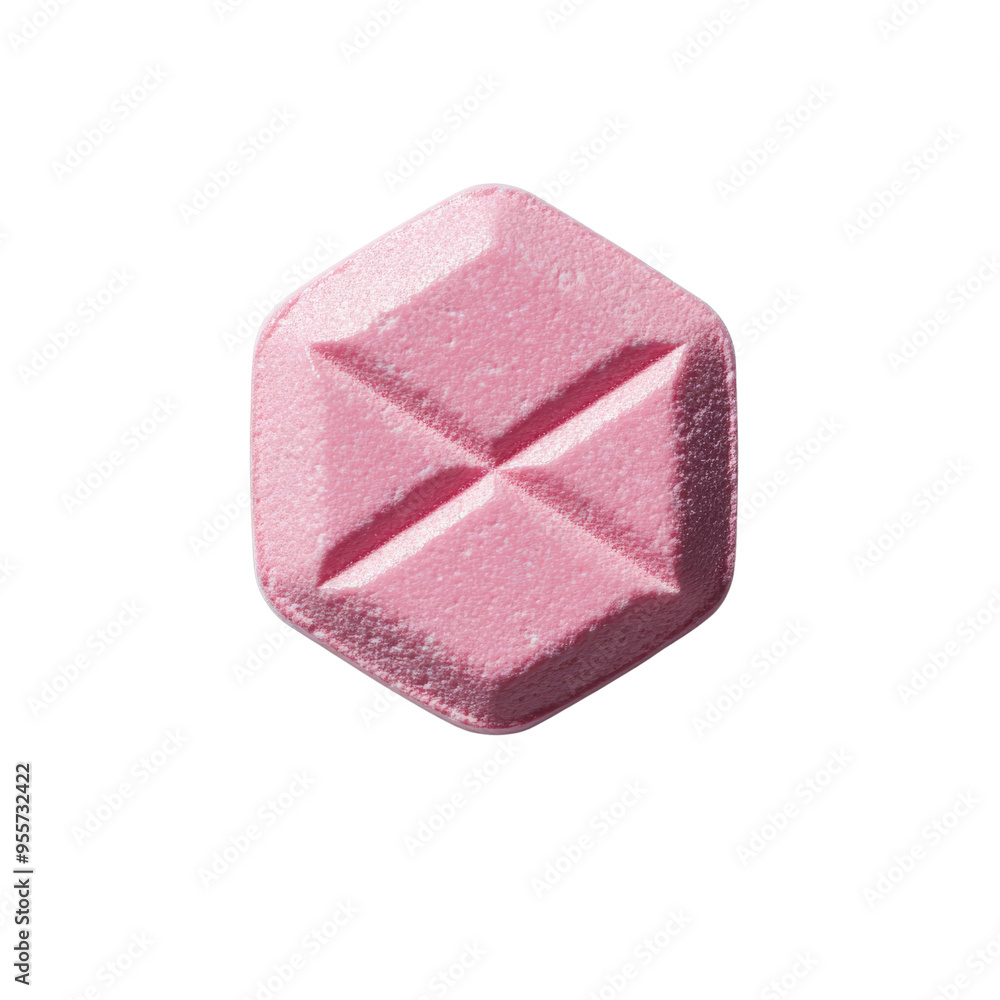Pink hexagonal pill with an X imprint, isolated on a black background. Pink hexagonal pill with an X imprint, isolated on a black background.